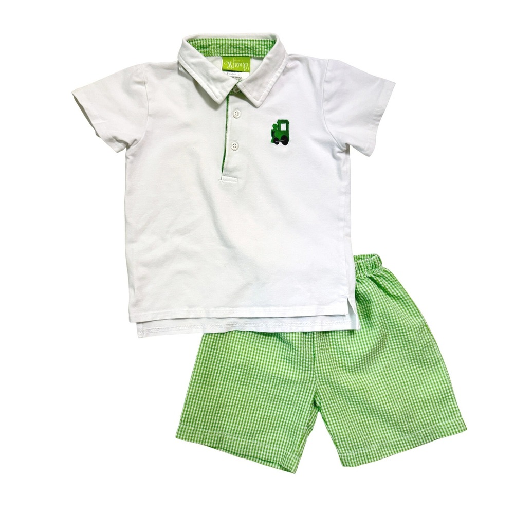 Classic Whimsy Boys Polo Shorts Outfit Set Train Embroidery 3T Green Gingham